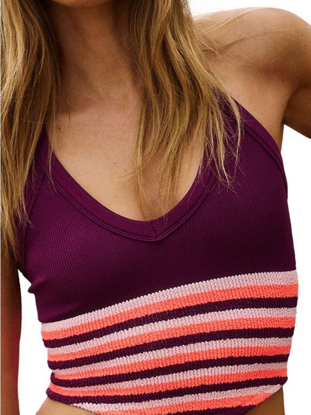 Free People Ribbed Purple Tank with Coral, Light Pink & Burgundy Stripes